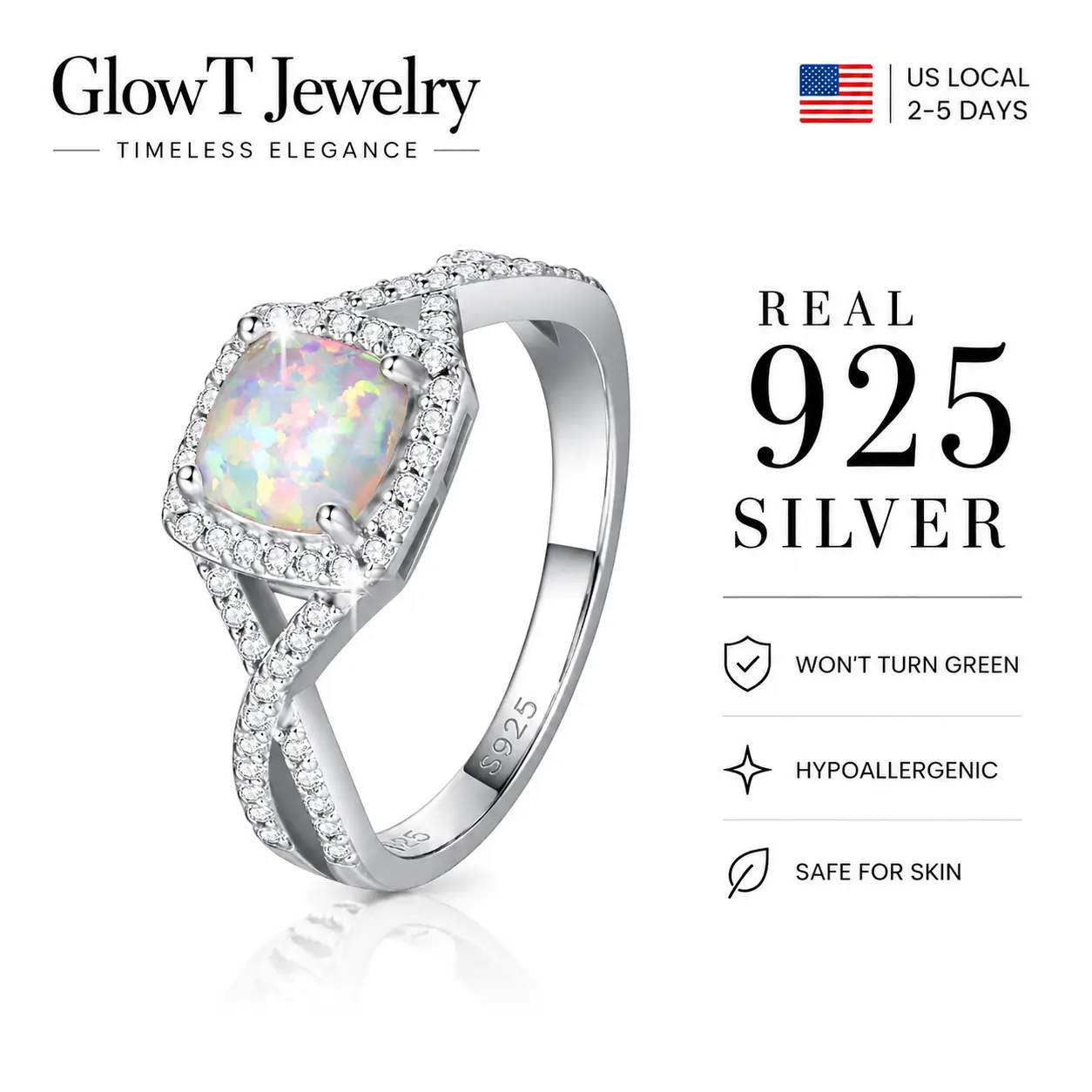 925 Sterling Silver Cushion Cut Opal Halo Ring with CZ Split Shank, Lab Created Opal Engagement Ring for Women Promise & Bridal Jewelry