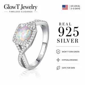 925 Sterling Silver Cushion Cut Opal Halo Ring with CZ Split Shank, Lab Created Opal Engagement Ring for Women Promise & Bridal Jewelry
