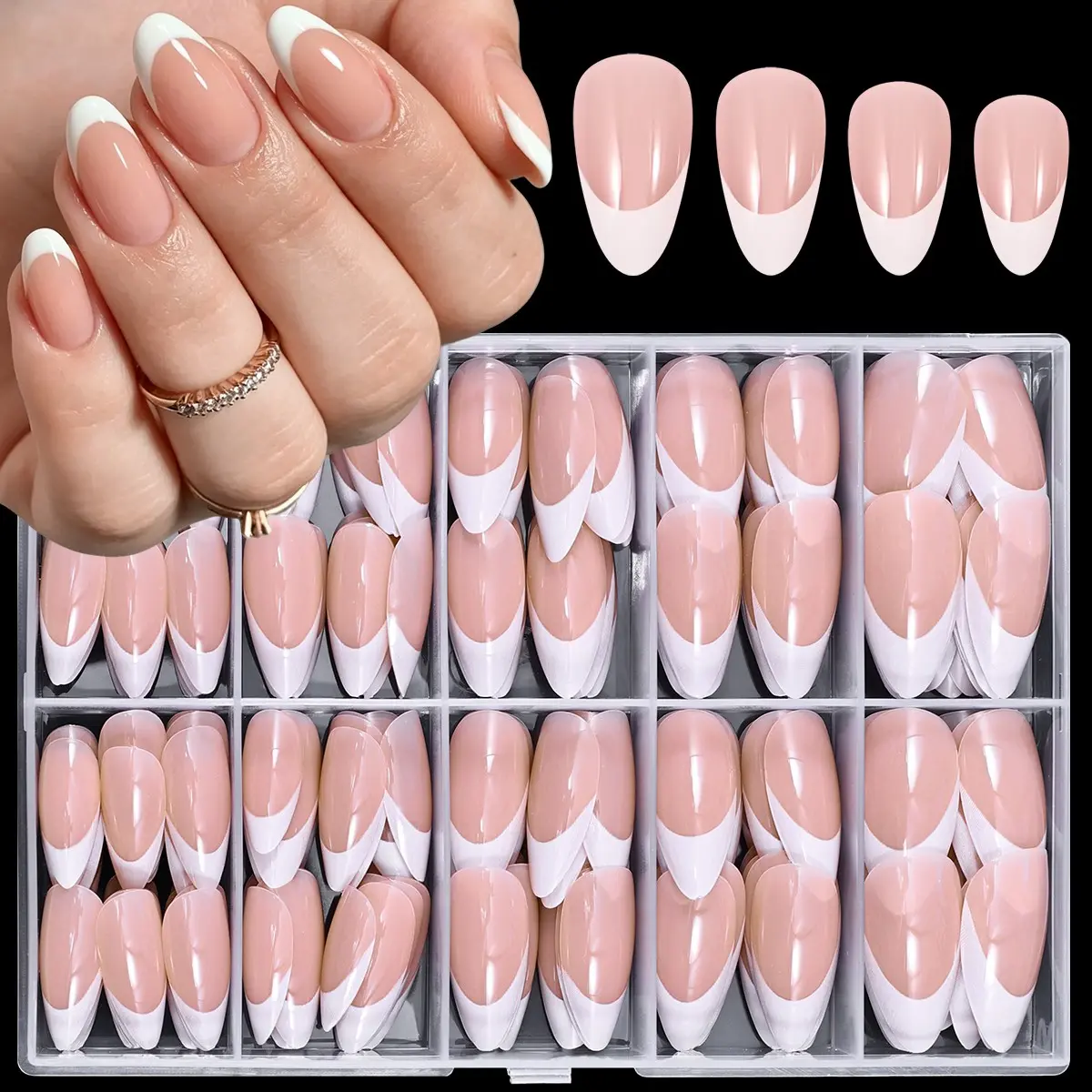 240pcs Nude French Press-On Nails, Almond Shape False Nails, French Tips Nails, French Nail Art, Pressed On Nails, Fake Nails