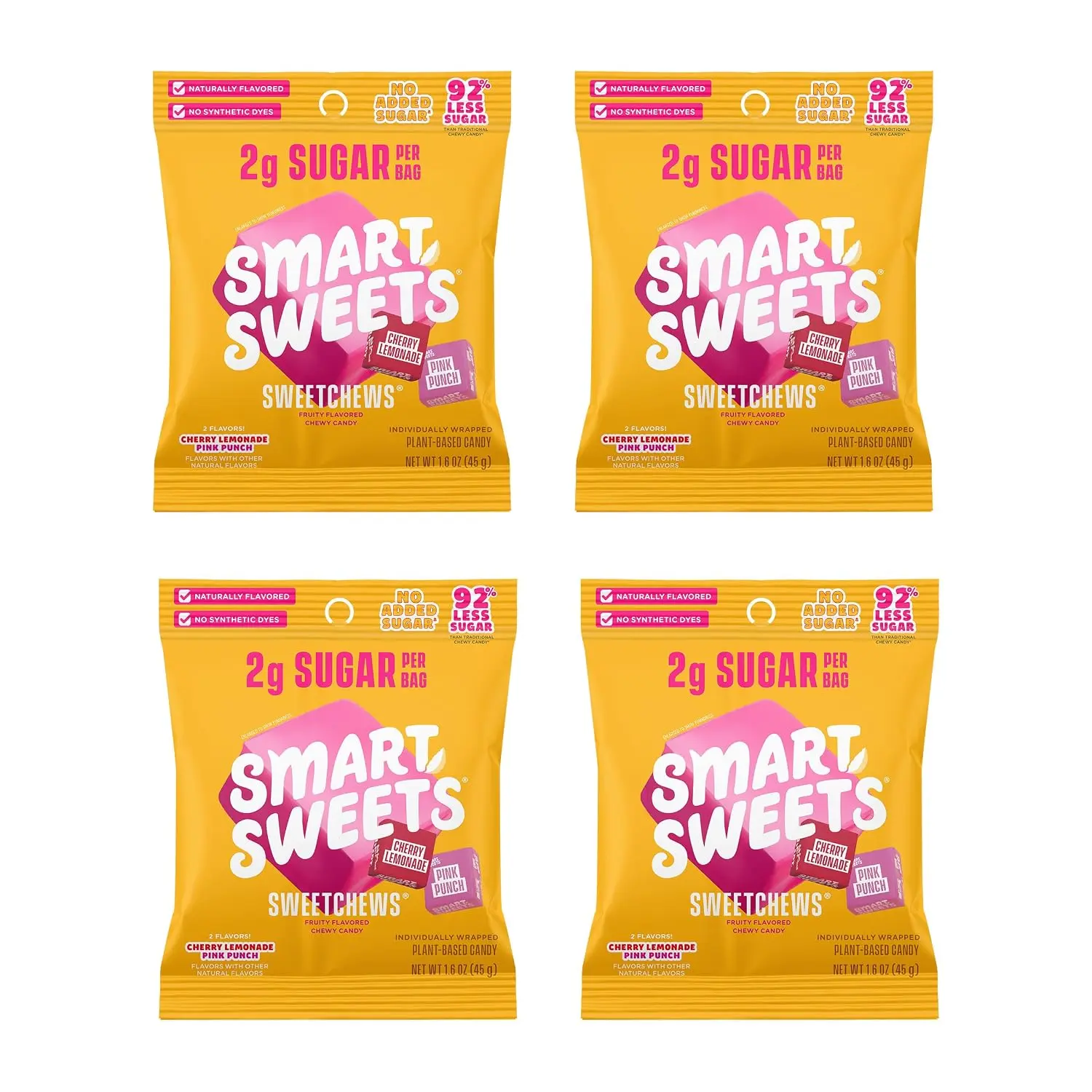 SmartSweets SweetChews Chewy Candy, Gluten Free, Plant Based, Healthy Snacks for Adults & Kids, Low Sugar, Pink Punch & Cherry Lemonade, No Artificial Sweeteners, 45g Bags, 4 Pack