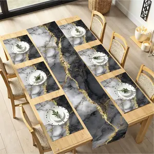2D flat printing, 1/2/4/6/8 pieces, 5/7 pieces set marble tablecloth, placemat, Dining table mats, black and white marble with gold vein design, dining table decoration, dressing table scarf, daily desktop decoration