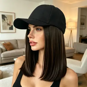 Black Baseball Cap Wig Medium Length Straight Brown with Blonde Highlights Bob Hair Silky Soft Heat Friendly Synthetic Hair 2-in-1 Hat Wig for Women