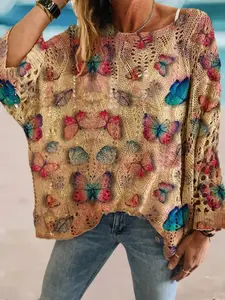 Spring and summer round neck diamond hollow batwing sleeve knitted top, loose vacation-style cover-up with butterfly print, casual and elegant, versatile for commuting.