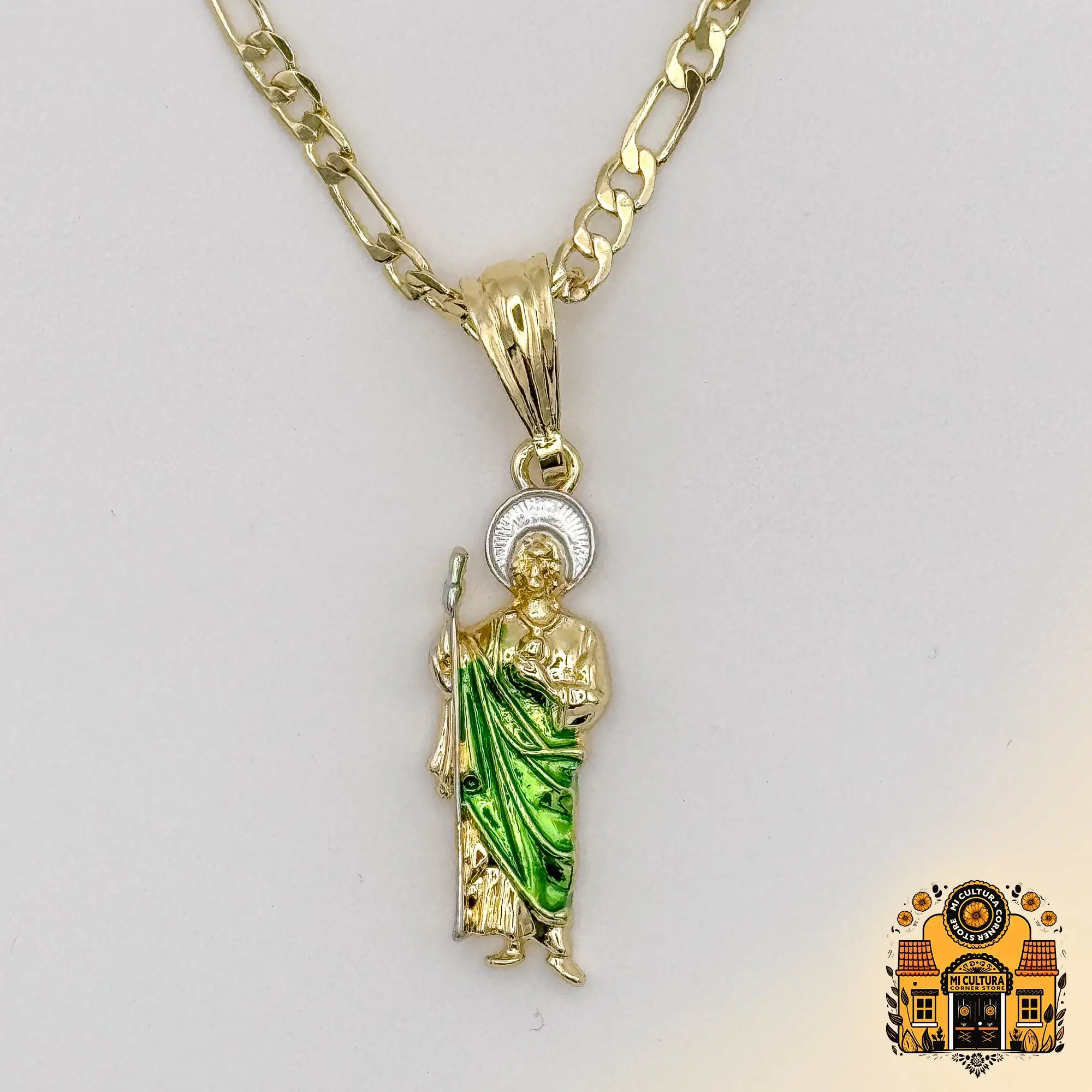 14K Mini Gold Plated St. Jude Necklace with Green Robe and Silver Halo 1 in - Cuban Link Chain San Judas Pendant / Mini Collar de San Judas Tadeo Chap