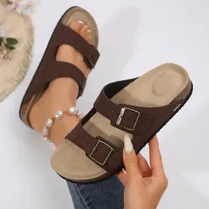 Women's Casual Slide Sandals With Cork Footbed Double Adjustable Buckle For Summer Everyday Wear Slippers Springfresh