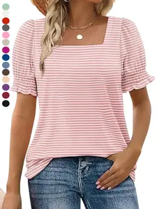 2026 Women Summer Casual Ruffle Trim Short Sleeve Square Neck Striped T Shirts