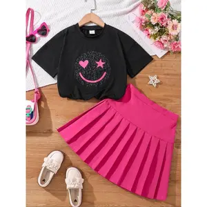 Girl's Star Print Tee & Plain Skirt Two-piece Set, Cute Casual Short Sleeve T-shirt & Pleated Skirt for Daily Wear, Kids Summer Clothes