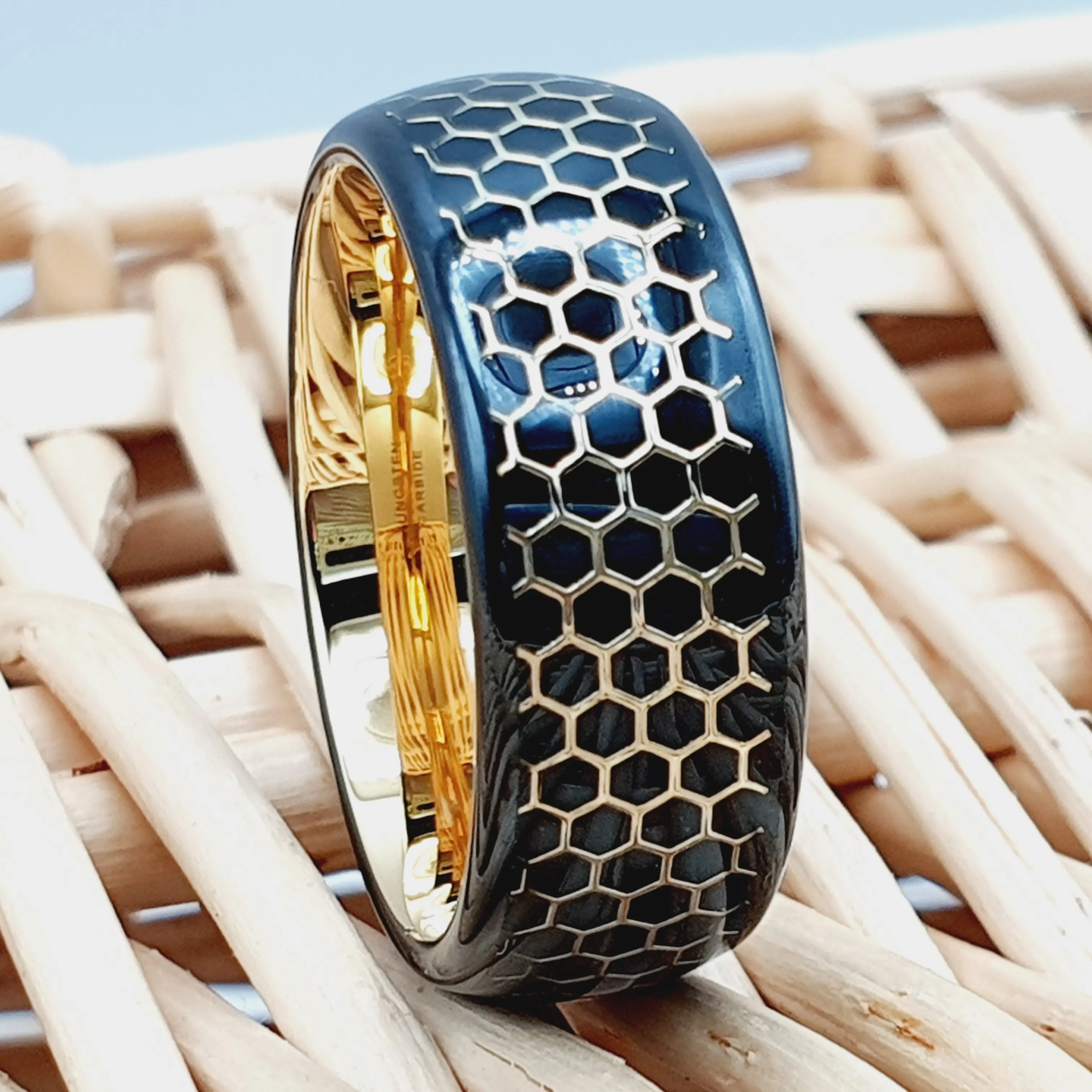 Yellow Gold Honeycomb Ring - Men's Wedding Tungsten Band - Women's Engagement Ring - Couple Ring