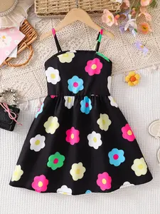 Girls' Fashion Simple Summer Strap Dress, Colorful Floral Print Round Neck Waist Cinched, Casual Party Wear for Ages 4-8