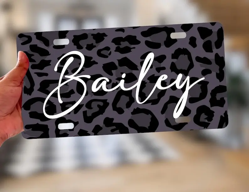 Custom Personalized License Plate Monogram with Protective Coating BlackGreyGreen Leopard Cheetah Print