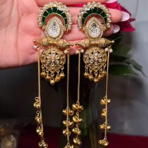 Green Kashmiri Earrings with Intricate Gold Detailing and Pearl Accents for Traditional Outfits