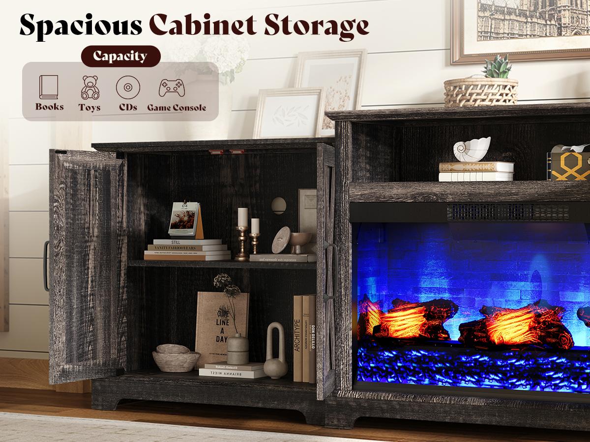 [Ships in Multiple Boxes] VanAcc 70"/ 97" Large Fireplace TV Stand, Farmhouse Entertainment Center with 33" Electric Fireplace, Media Console with Storage Cabinets & Adjustable Shelf