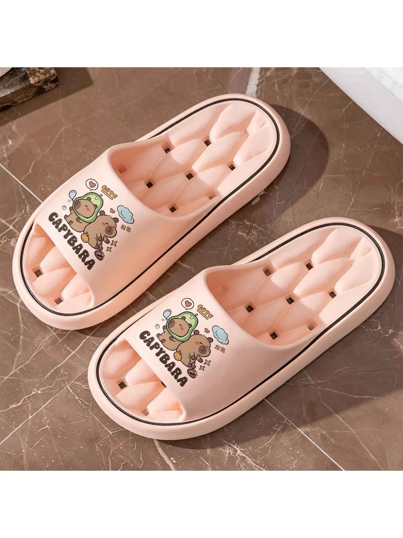 Cute Capybara Slippers, Adorable Capybara with Avocado Design House Slippers, Soft Sole Comfortable Indoor Slides, Unisex Non-slip and Quiet Slippers with Little Orange and Coffee Bean Elements, Fun