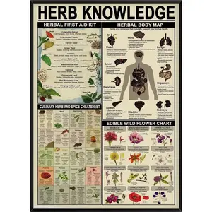 Herb Knowledge Metal Tin Sign Herbal First Aid Kit And Body Map And Edible Wild Flower Chart Wallart Artwork Poster School Office Farm People Cave  Vintage Funny Plaque Decoratio Gifts Decoration Ornaments Plant Vinyl Print Room Photo Homemade Artistic