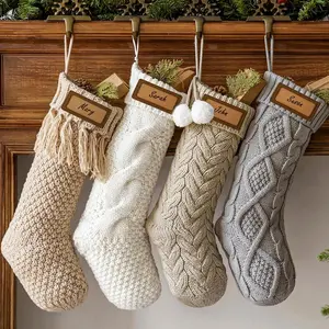 Personalized 18 Inch 4 Pack Cable Knit Christmas Stockings Cozy Hanging Xmas Stockings for Boho Farmhouse Family Holiday Decor, White Gray Beige