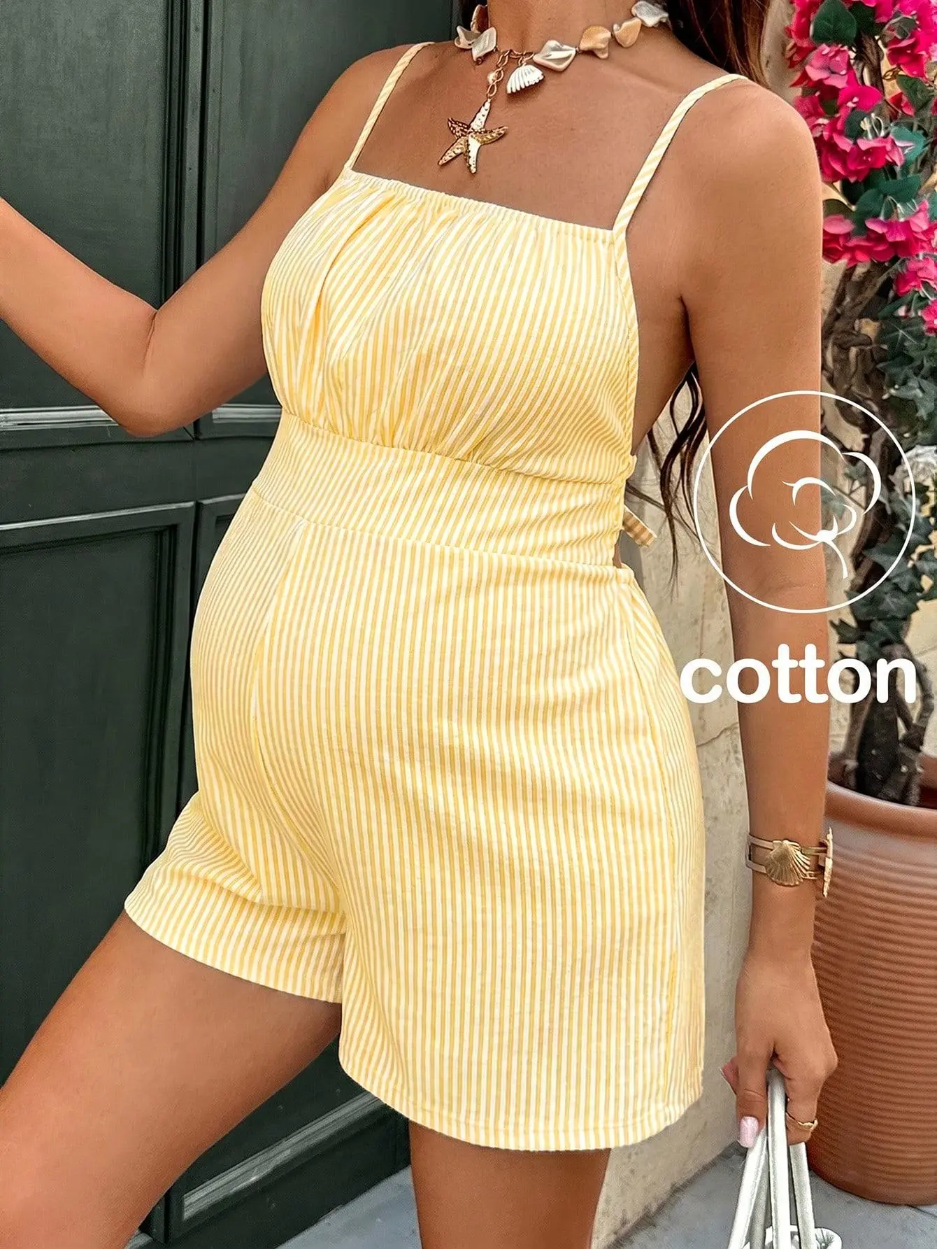 LALUZ Maternity Striped Ruched Back Tie Camisole Shorts 2 Piece Set Pregnancy Lounge Set Stretchy Comfortable Summer Outfit