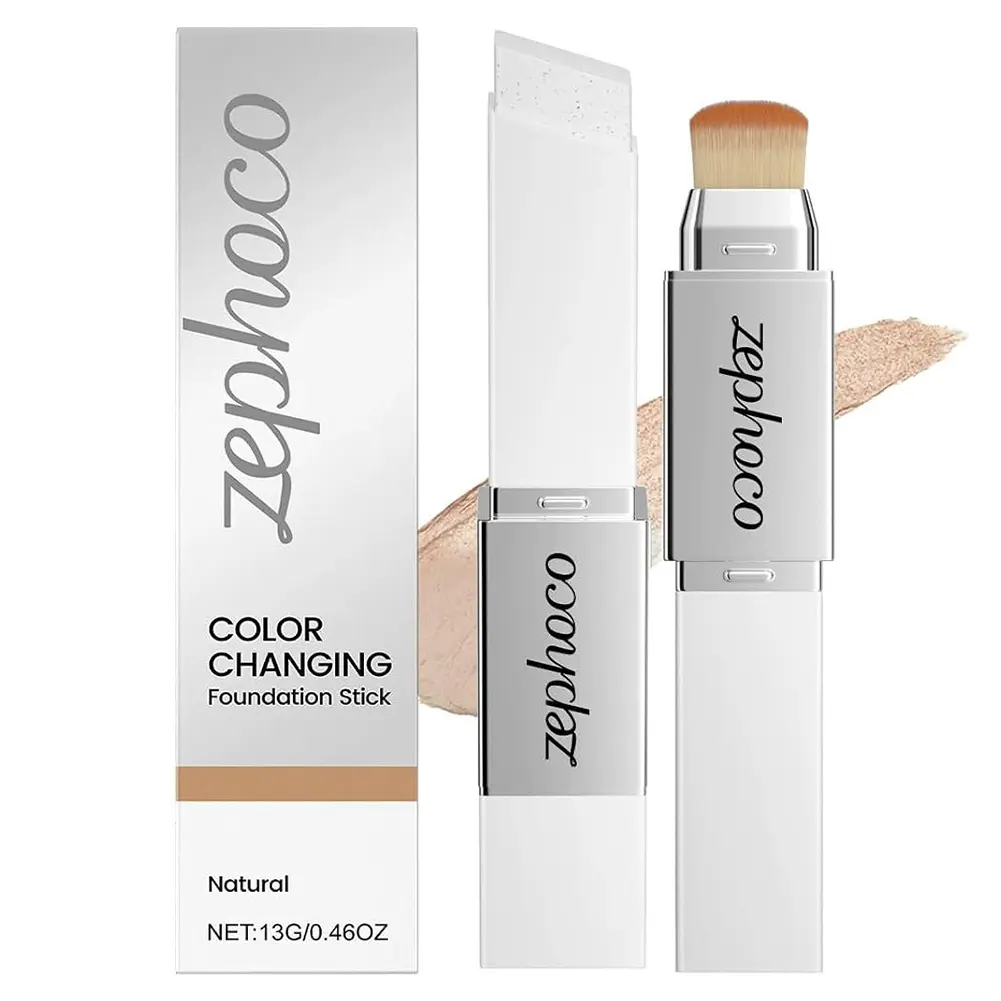 Color Changing Foundation Stick, 2-in-1 Dual-Ended with Built-in Brush, Hydrating Concealer Base Makeup, Lightweight Buildable Coverage, Smooth Blendable Finish, Volufiline-Infused, Travel & Daily Use Natural Shade Cosmetic
