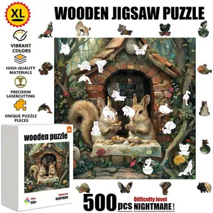 1 Box (500 pcs) Two squirrels in front of a wooden house enjoying a tea party - a new creative idea for wooden puzzle puzzles, a new concept for adults to relieve stress. A warm and fun puzzle for holiday relaxation and brain stimulation. The uniquely irr