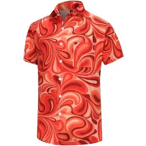 Men's Tropical Hawaiian Shirt - Vibrant Orange & Red Swirl Print, Lightweight Short Sleeve Button- Shirt for Beach Vacations, Casual Outings & Themed Parties (S-3XL), Beach Vacation Apparel | Bold Pattern Shirt | Machine Washable Shirt