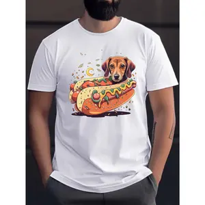 Men's Dachshund Dog Pattern T-Shirt - Casual Polyester Round Neck T-Shirt, Machine Washable
