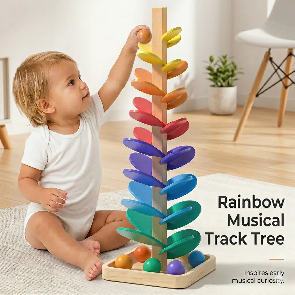 Montessori Wooden Rainbow Music Tree Toy with 10 Pcs 3cm Large Marbles Included, Premium Birch Educational Marble Run Ball Drop for Toddlers, Eco-Friendly Sensory Learning Toy Gift