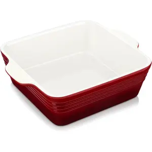 8x8 inch Baking Pan, 2 Quart Square Cake Pan Baking Dish for Oven, Stoneware Brownie Pan Non-Stick, Casserole Baking Pan with Handle,Ceramic Bread Pans for Baking, Red