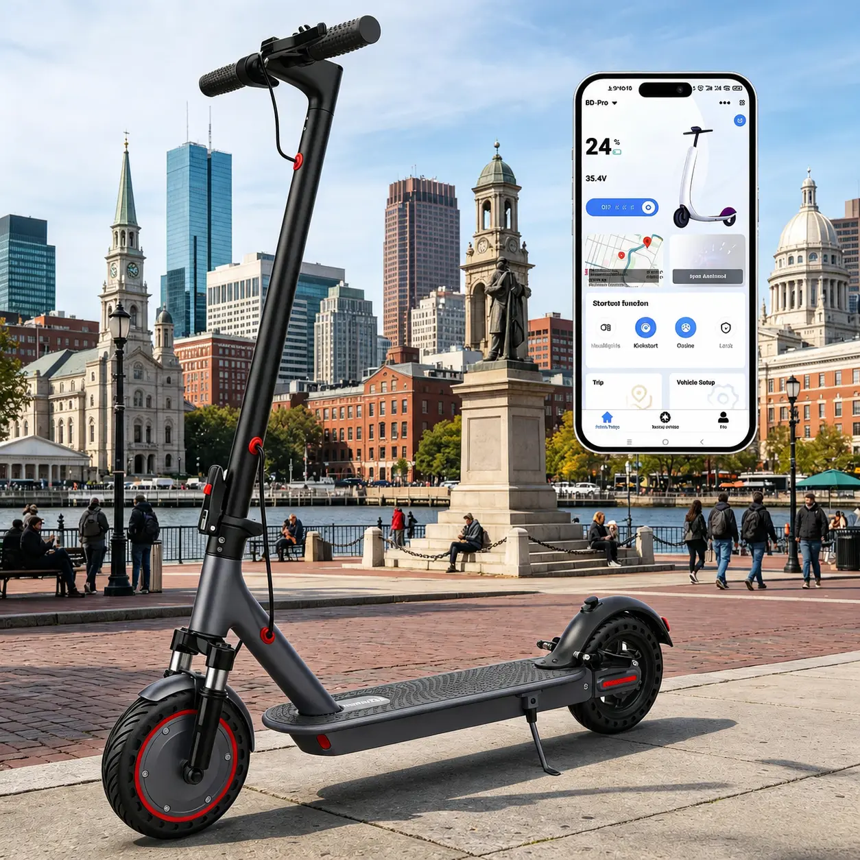 A-350W Unisex Compact Foldable Motorized Commuter Scooter - Portable Smart, 22/28/40MPH Versions, Dual Suspension, 23mi Range, 8.5'' Tires, APP Controlled for Teens & Adults