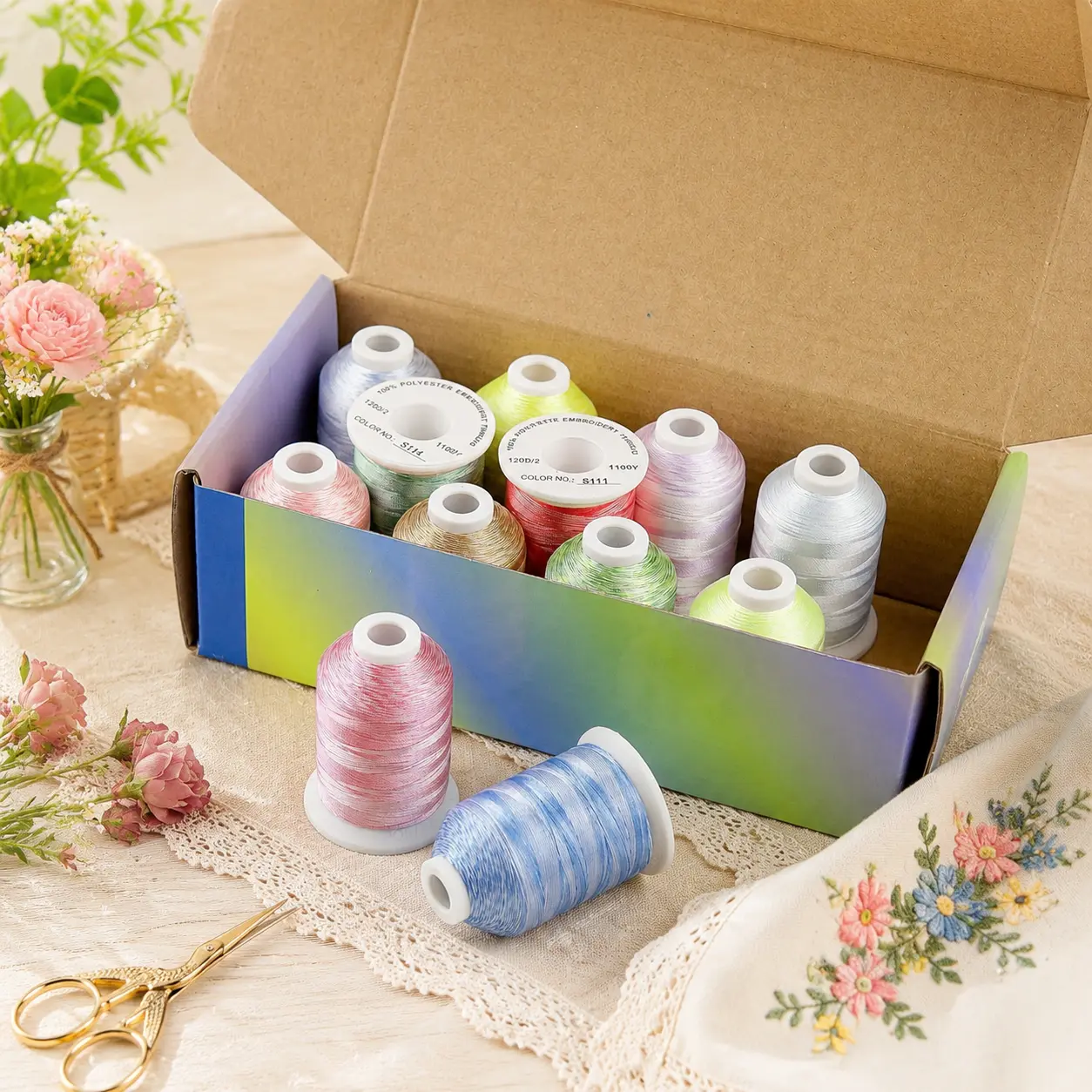 Simthread 12-Variegated Colors Polyester Embroidery & Sewing Thread Kit - 1000M Spools, Arts and Crafts Supplies for DIY Sewing, DIY Project, Compatible with Janome, Brother, Pfaff, Babylock, Singer, Bernina, Husqvarna Machines, Affordable Quality