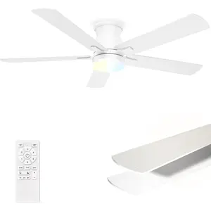 Ceiling Fans with Lights 52 Inch, Flush Mount, Remote Control, 3CCT Dimmable, 6 Speeds, Quiet Reversible DC , Low Profile Hugger White Ceiling Fan for Bedroom, Living Room, Indoor/Outdoor, ETL