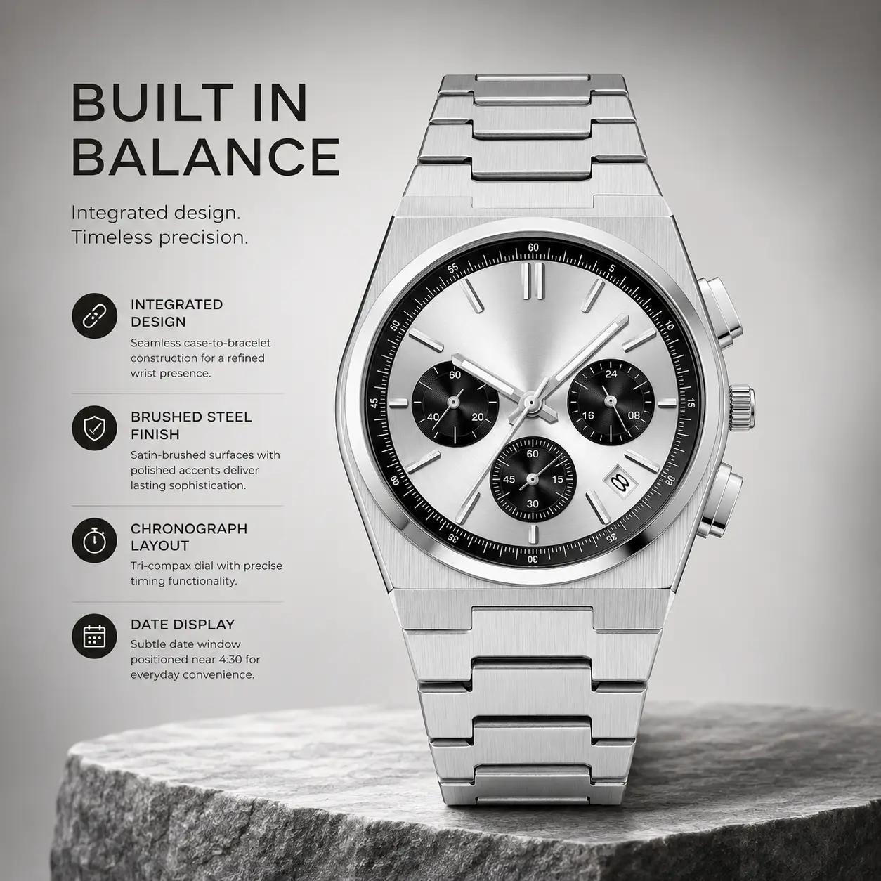 Casual Business Wristwatch for Men, Classic Stainless Steel Analog Chronograph with a Quartz Dial and Calendar, Daily Wear, Watches, Easy To Use Quartz Watches, Business Look, Date Display, 30M - 50M