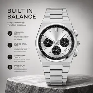 【DealsForYouDays】Men's Sleek Silver-Toned Round Chronograph Analog Watch - Minimalist Stainless Steel Quartz Wristwatch with Calendar, Modern Classic Business Watch for Outdoor Daily Wear, Trendy Gift for Him