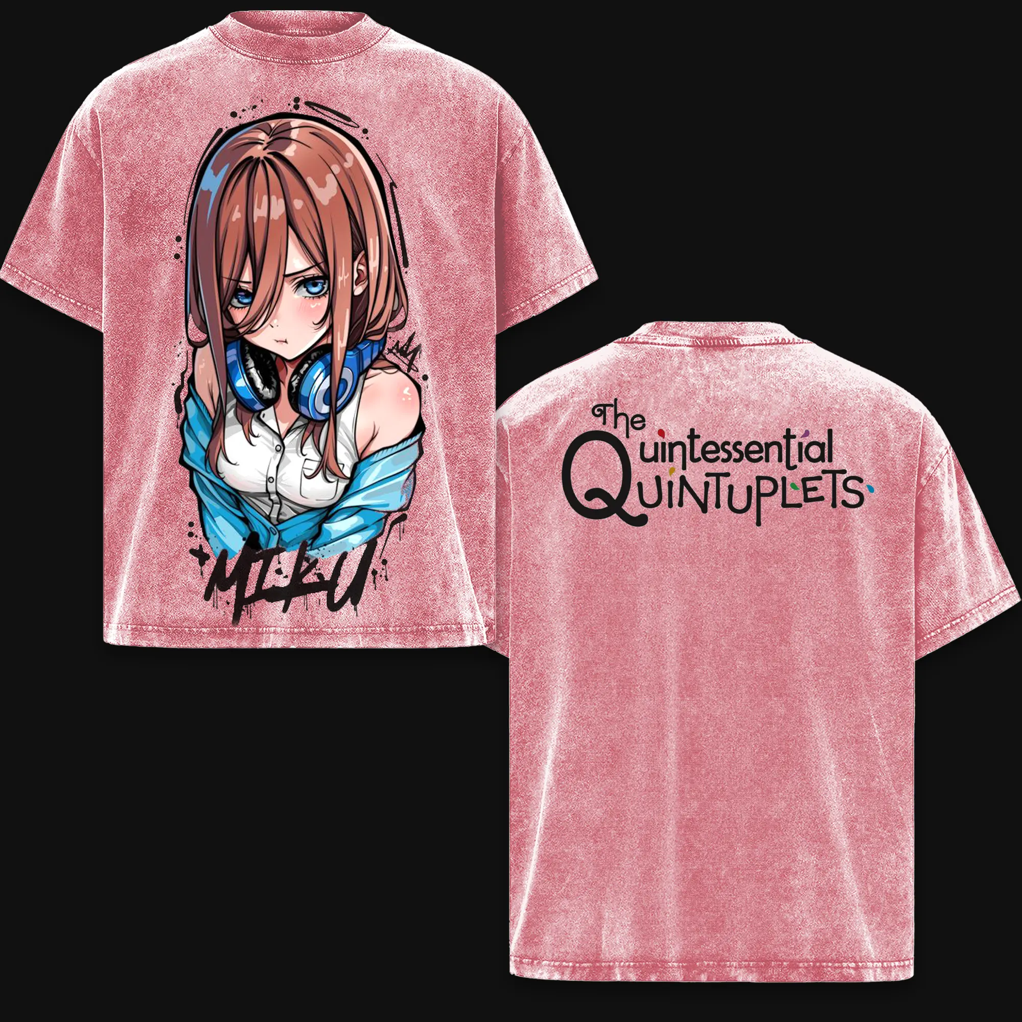 Nakano Miku The Quintessential Quintuplets Anime Double Printed Vintage Washed Tee Unisex Oversize Anime Manga Washed Heavyweight Cotton T-shirt
