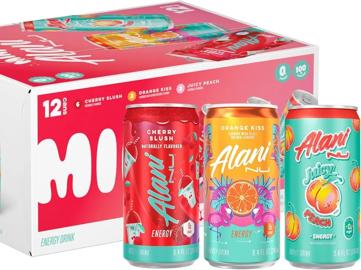 Alani Nu Variety Pack Energy Drinks (Cherry Slush, Juicy Peach, Orange Kiss) - 12 x 8 Fl Oz Cans, 100mg Caffeine, Biotin, B Vitamins, 0 Sugar, 10 Calories or Less, Low Calorie Sports & Energy Drinks
