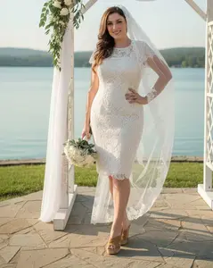Short Sleeve Ivory Wedding Dress Modest Lace Knee Length Bridal Attire