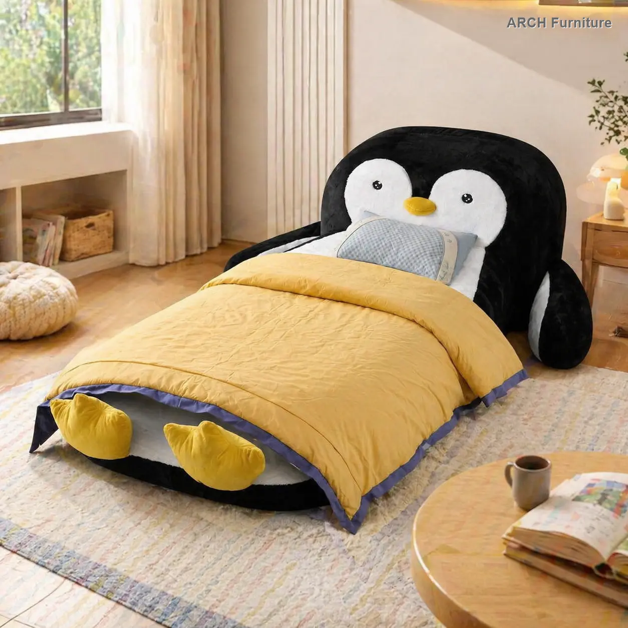 Twin Size Penguin-Shaped Faux Fur Fluffy Lounger Chair Bed - Child Sized Sofas, 100% Sponge Filling, Soft Touch, for Kids' Bedroom (88in x 45in x 29.5in)