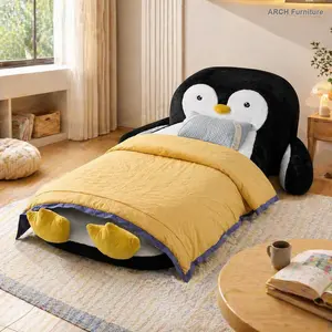 Twin Size Cute Look Penguin-Shaped Faux Fur Fluffy Lounger Chair Bed with 100% Sponge Filling, Soft Touch, for Kids' Bedroom, Playroom (88in x 45in x 29.5in)