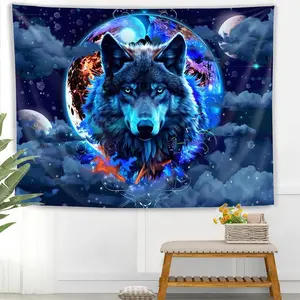 UV-Reactive Wolf King Tapestry - Black Night Sky with Glowing Moon & Stars, Anime-Inspired Polyester Wall Hanging for Bedroom, Living Room, Office Decor (No Electricity Needed), Highquality Print 60X40
