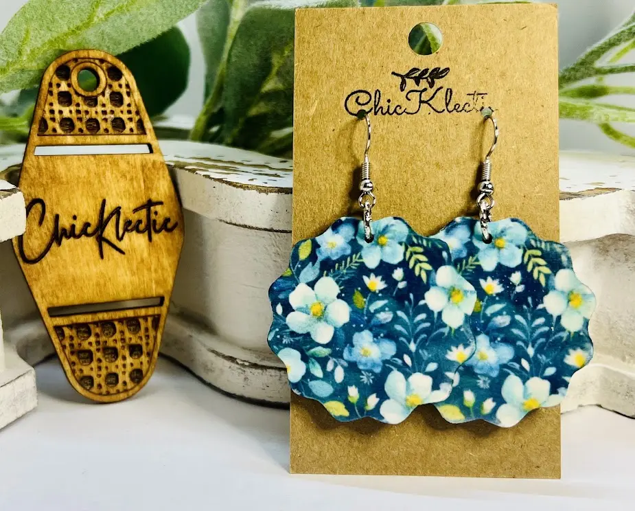 Boho Midnight Floral Sublimated Wooden Earrings - casual, bridesmaids, rustic - Fashion Accessory handmade