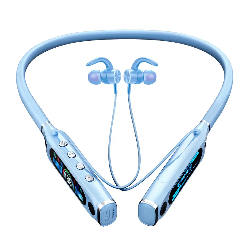 Blue Neckband Bluetooth 5.4 Wireless Headphones - Magnetic Headset, 80-Hour Battery Life with LED Display, Comfortable Fit for Running, Workouts