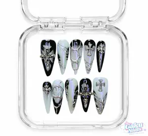 GakuNails Gothic Relic Handmade Press-On Nails Kit - 10-Piece Stiletto Multi-Pack, Builder Gel Enhanced, Gothic Cateye Design, Select Sizes, Reusable Beauty Accessory, Nail Art Tools