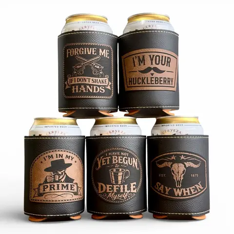 Doc Holliday Leatherette Can Cooler – Matte Black Drink Holder w/ Rustic Brown Patch – Iconic Tombstone Quotes