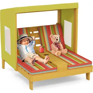 Costzon Kids Double Chaise Lounge Outdoor, 2-Seat Patio Lounge Chair with Cup Holders & Cushions, Kids Pool Lounger with Canopy, Wood Patio Furniture for Children Boys Girls 3 Years Old