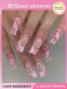 24pcs 3D Floral Faux Nail, Rhinestone Raised Texture Gradient Nail Tips, Suitable For Girls&Women Daily Use, Spring/Summer Season Nail Art Supplies, With Jelly Gel And Nail File Press On Nails