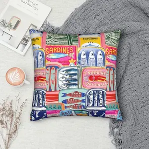 Sofa cushion cover with a vintage sardine pattern, double-sided decorative print, machine washable, with a zipper closure