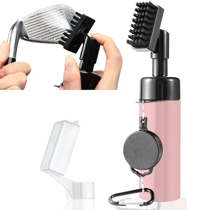 Women's Compact 2-in-1 Club & Ball Cleaner Brush - Golf Gifts, Plastic Body, Nylon Bristles, Retractable Carabiner Clip, Zip-Line, 5oz Leak-Proof Bottle, Water Sprayer, Secure Head Cover, Portable Accessory