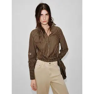 URBAN REVIVO 2026 Spring Women's Thin Fitted Striped Beaded Cotton Long Casual Rolled Sleeve Blouse - Women's Tops, UWH260032