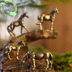 BBQ4 Antique Brass Solid Long Tail Horse Figurin Miniatures Feng Shui Ornament Copper Zodiac Animal Mini Desktop Decorat Crafts