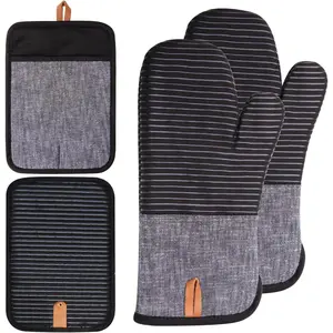 4 count  Oven Mitts, Kitchen Oven Mitts Set, Non Slip Cotton Oven Mitt and Pot Holders,Heat Resistant, Machine Washable,2 Long Mit and 2 Pot Holder(Black)
