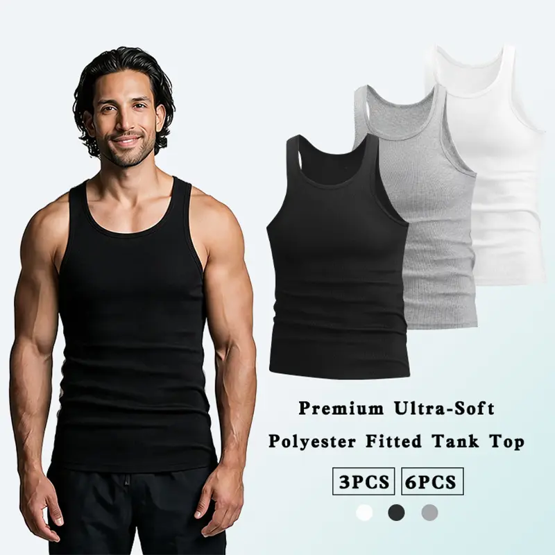 Men’s ribbed tank top in classic black/white/gray, close-fitting and breathable to prevent overheating, suitable for home and outdoor training across multiple scenarios; stretchy, shaping design; ideal as a base layer for muscle-building workouts.