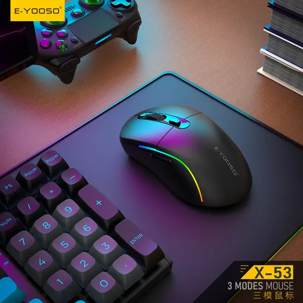 E-YOOSO X-53 3-Mode Wireless Gaming Mouse - Wired, 2.4G, Bluetooth, Rechargeable, 5 Adjustable DPI, Ergonomic RGB, Compatible with Windows, Mac